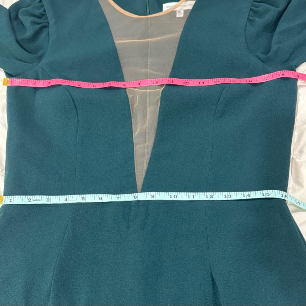 DRESS THE POPULATION KELLI PLUNGING CREPE SHEATH DRESS PUFF LONG SLEEVES GREEN‎ - Picture 4 of 8